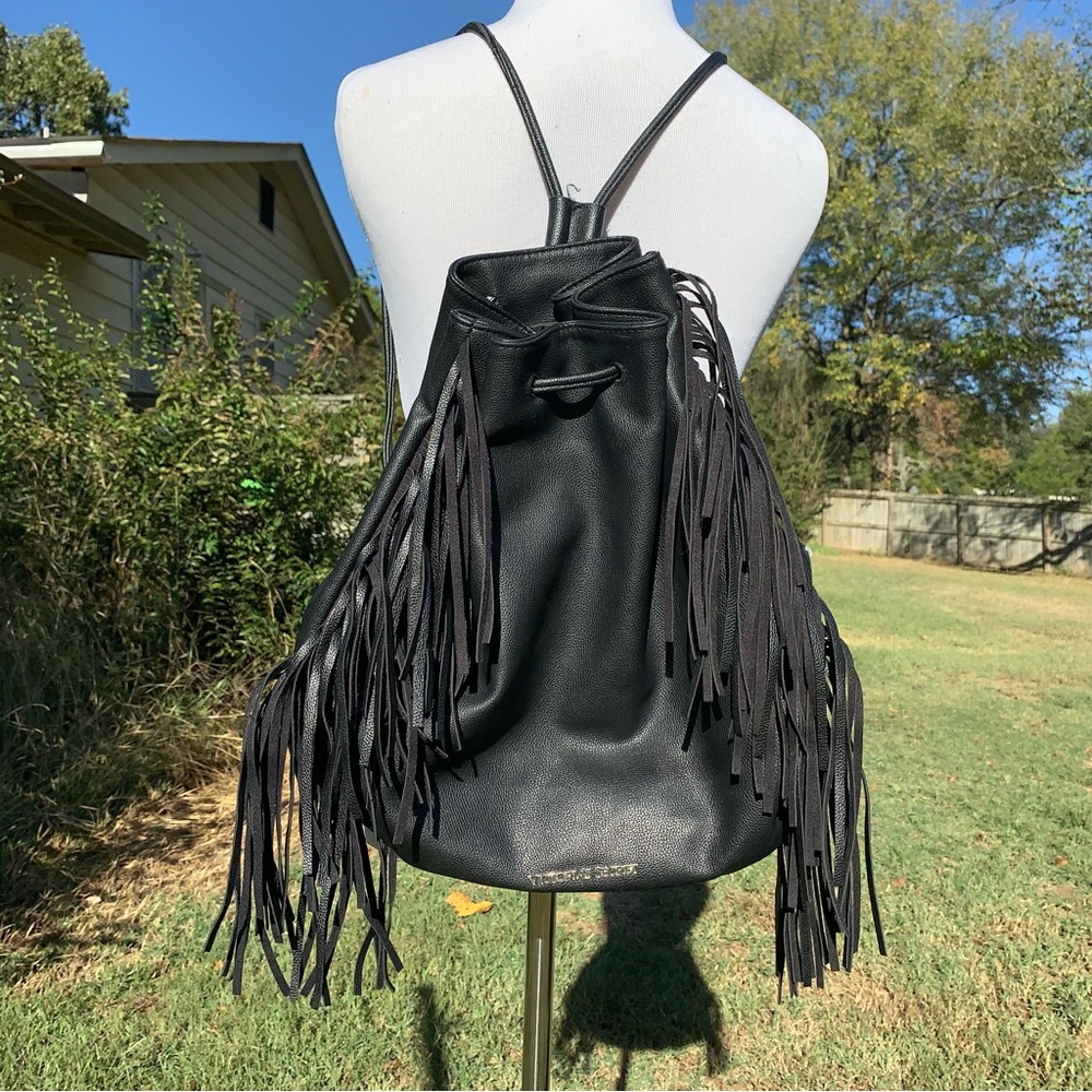Victoria’s Secret Black Faux Leather Fringe Bucket Bag Backpack Purse - Picture 3 of 12